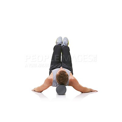 Buy stock photo Balance exercise, foam roller and person in pilates workout, floor stability or muscle endurance activity. Studio, gym equipment and athlete fitness for core strength development on white background