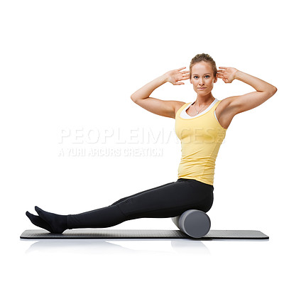 Buy stock photo Studio workout, foam roller and portrait of woman with posture exercise, stretching or yoga performance challenge. Floor, core training or person sitting on fitness club equipment on white background
