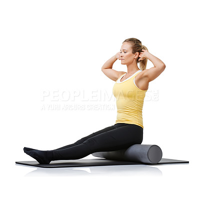 Buy stock photo Studio workout, yoga foam roller and woman with posture fitness, spine rehabilitation or stretching exercise for recovery process. Floor, training and person sit on gym equipment on white background
