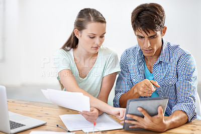 Buy stock photo Admin, paperwork and business people with tablet, help and brainstorming in market research. Startup, man and women at desk with digital app in office for networking, coworking and document report.