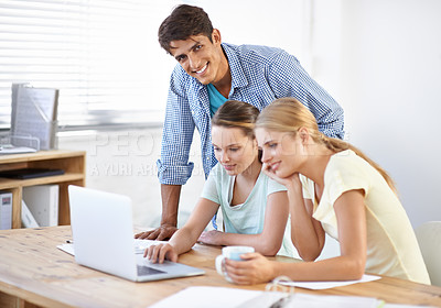 Buy stock photo Teamwork, laptop or portrait of manager of designers in meeting for news, tech or planning in office. Collaboration, startup or happy people with research on online blog website for editing project