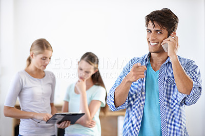 Buy stock photo Business man, phone call and smile in portrait, networking and communication on technology in office. Male person, face and speaking on smartphone in workplace, colleagues and teamwork or contact us