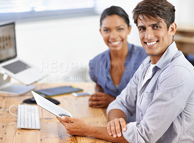 Buy stock photo Business people, tablet and collaboration for project management in portrait, discussion and tech. Partnership, communication and smiling for online research or internet connection, support and happy