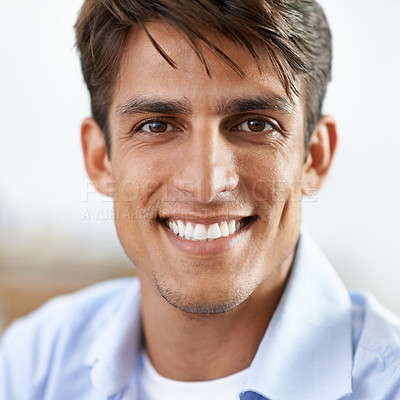 Buy stock photo Business man, confidence and smile in portrait, happy entrepreneur with positive mindset for startup. Indian male person, face and proud of profession at company, professional and designer in office