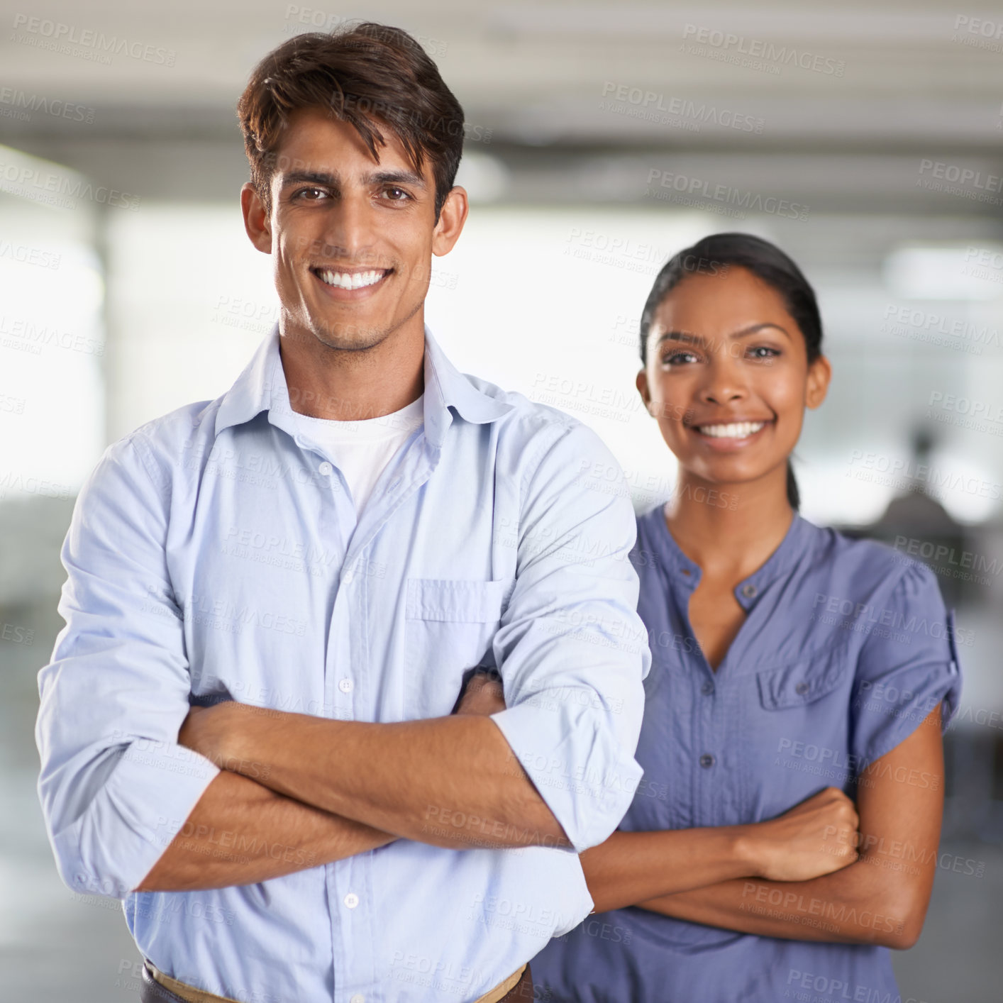 Buy stock photo Business, portrait and arms crossed in team in workplace, corporate career and positive in about us. Man, woman and face as diversity in start up, trust and collaboration as professional in office