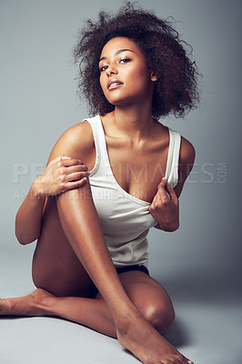 Buy stock photo Portrait of an alluring young woman in her underwear