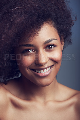 Buy stock photo Skincare, portrait and black woman in studio for cosmetics, wellness or treatment on grey background. Beauty, face and happy African female model with glowing skin, dermatology or self care results 