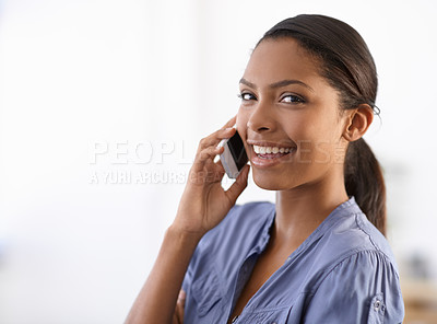 Buy stock photo Phone call, office and portrait of business woman for communication, networking and contact. Professional, happy and face of worker on cellphone for talking, conversation and discussion in workplace