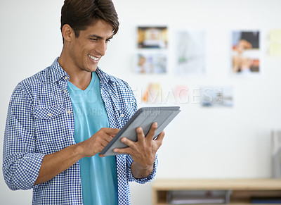 Buy stock photo Man, smile and tablet typing for online connection in designer office or creative technology, planning project or employee networking. Male person, scroll and email device for company, web or search