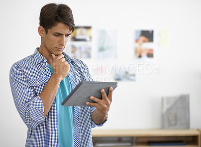 Buy stock photo Business man, thinking and tablet in office for graphic design planning, research and software solution. Digital designer, artist or creative worker with online project, startup ideas and technology