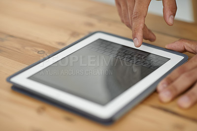 Buy stock photo Person, hand and tablet for online connection or technology communication, social media or internet screen. Fingers, close up and typing as digital research or keyboard conversation, email or project
