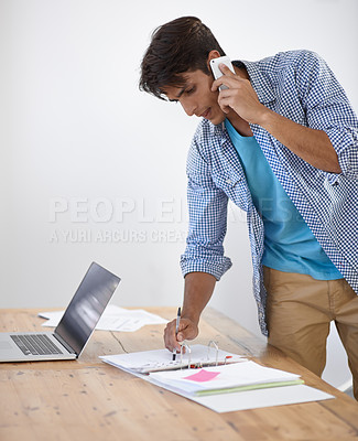 Buy stock photo Business man, phone call and reading documents, folder or paperwork for planning, accounting and financial advice. Professional worker talking on his mobile for startup information or tax management
