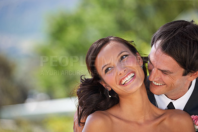 Buy stock photo Love, happy couple at wedding or marriage in nature together, smile or romance. Man, woman or bride, groom or people outdoor for care, commitment or connection in relationship, celebration or partner