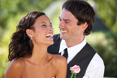 Buy stock photo Happy, wedding day and bride and groom laughing in garden for celebration, union or ceremony. Love, comic and woman with funny man in park for marriage, event or party in support of commitment