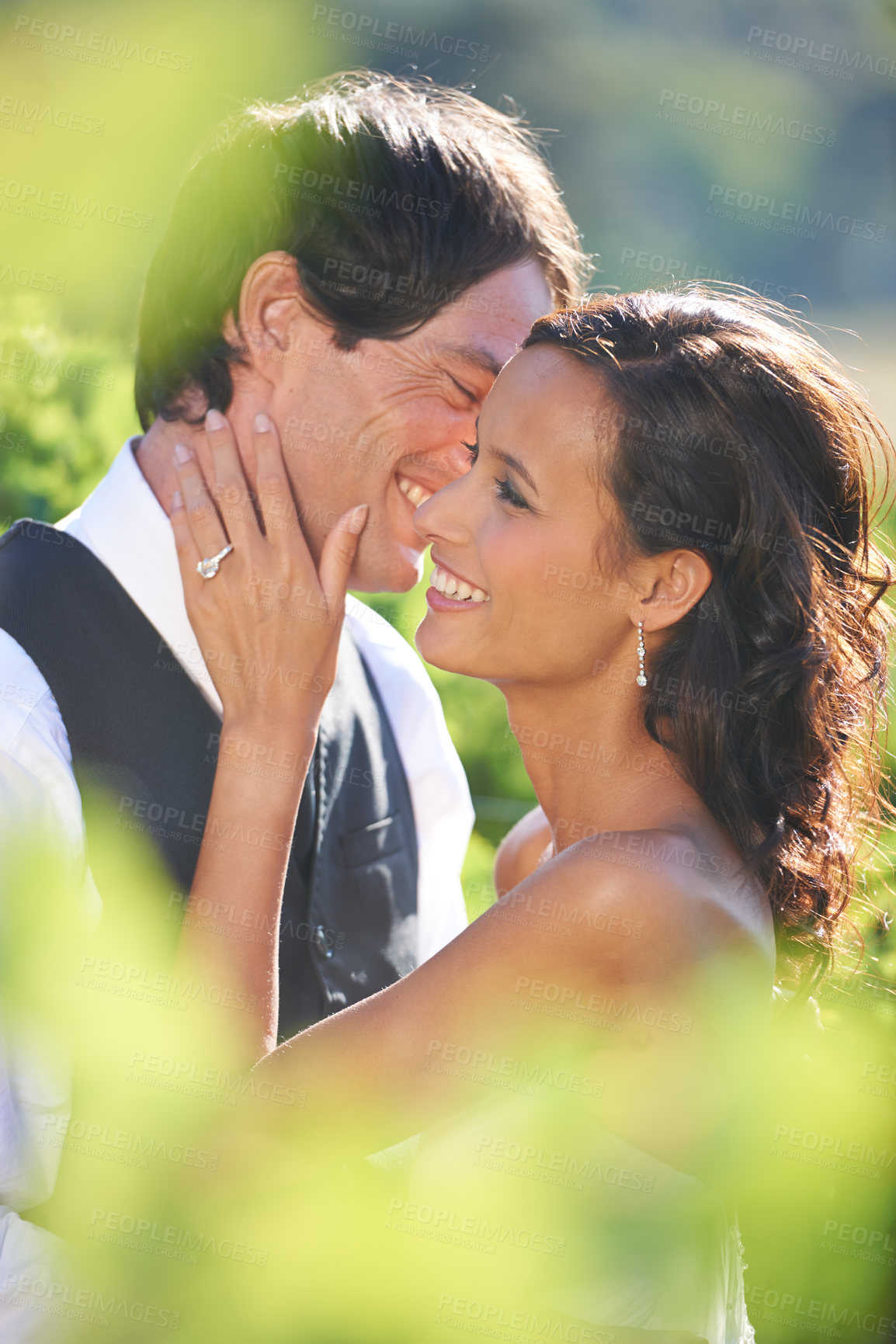 Buy stock photo Love, happy couple at wedding and marriage in nature together, bonding or romance. Man, woman or bride, groom or smile outdoor for care, commitment or connection in relationship, celebration or event