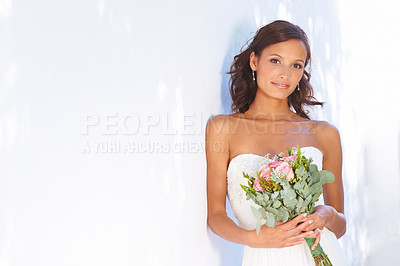 Buy stock photo Beauty, wedding and bouquet with portrait of woman at venue for love, celebration and engagement. Ceremony, reception and mockup space with bride and flowers for event, commitment and marriage