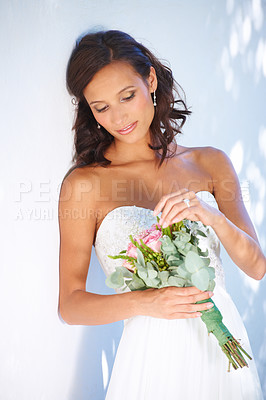 Buy stock photo Bridal, wedding and young woman with flowers for luxury marriage ceremony, party or reception. Confident, love and beautiful bride from Mexico with makeup and floral bouquet for romantic celebration.
