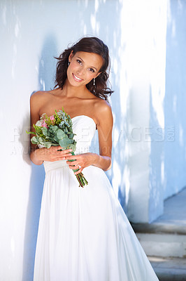 Buy stock photo Smile, wedding and portrait of woman with flowers for luxury marriage ceremony, party or reception. Happy, love and beautiful bride from Mexico with makeup and floral bouquet for romantic celebration
