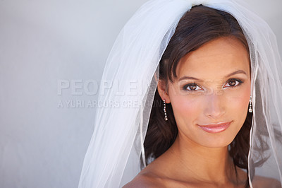 Buy stock photo Bride, portrait and glow beauty for wedding with fashion, cosmetic and jewellery for nuptial ceremony. Woman, face and make up for holy matrimony or engagement, commitment and happy with white veil