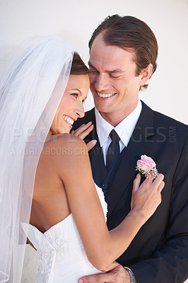 Buy stock photo Wedding, bride and groom embrace with love and happiness at ceremony, event and celebration. Marriage, man and woman together with support, care and smile for partnership commitment in formal style