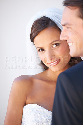 Buy stock photo Bride woman, man and portrait at wedding with smile, pride and commitment at event, celebration and party. Couple, marriage and together for love, romance and happy with face, clothes and memory