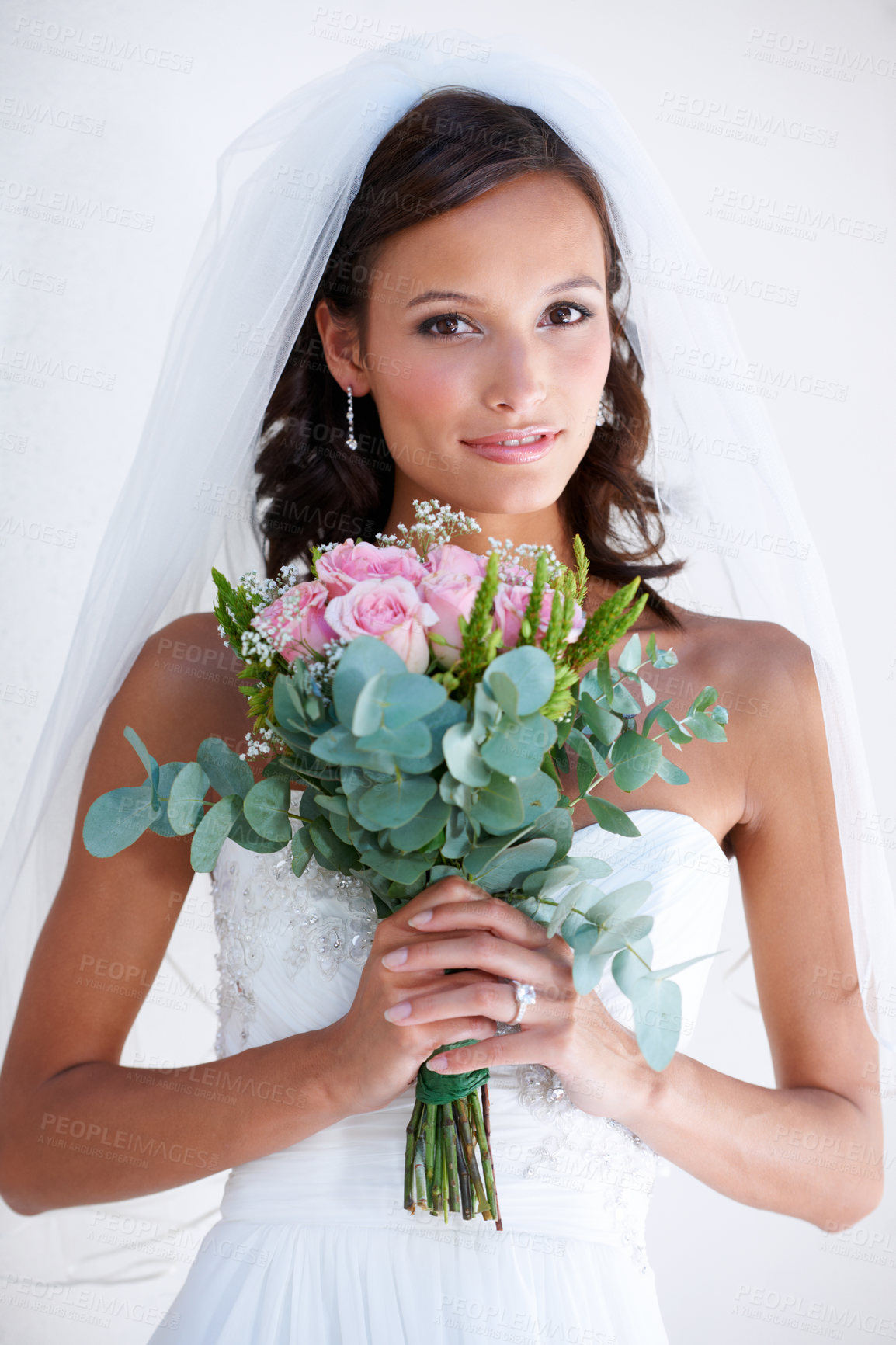 Buy stock photo Woman, portrait and flower bouquet or wedding dress for bride event, love promise or diamond ring. Female person, plant and marriage or floral romance or partnership for commitment, elegant or party