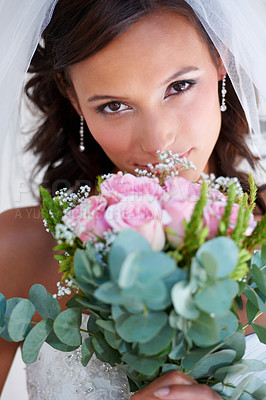 Buy stock photo Bride woman, bouquet and portrait at wedding with flowers, pride and commitment at event, celebration and party. Girl, marriage and floral plants for love, roses or scent with bush, nature or memory