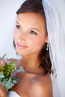 Buy stock photo Beauty, wedding and young woman with flowers for luxury marriage ceremony, party or reception. Elegant, love and beautiful bride from Mexico with makeup and floral bouquet for romantic celebration.
