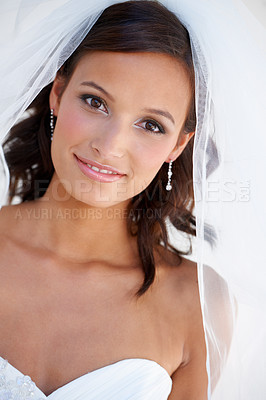 Buy stock photo Wedding, veil and portrait of bride with makeup, fashion and happiness at celebration of marriage. Bridal, aesthetic and woman in ceremony with beauty, confidence and pride in gown or hairstyle