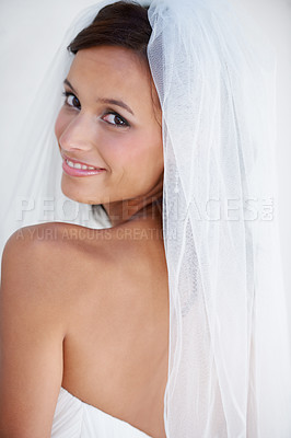 Buy stock photo Wedding, bride and portrait with veil, makeup and fashion for celebration of marriage. Bridal, aesthetic and back of woman in gown at ceremony with beauty, cosmetics and confidence and pride in dress