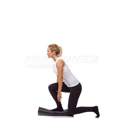 Buy stock photo Woman, lunge and exercise on mat, studio profile or stretching workout for fitness, health or white background. Girl, yoga or pilates with training, thinking and muscle development process on floor