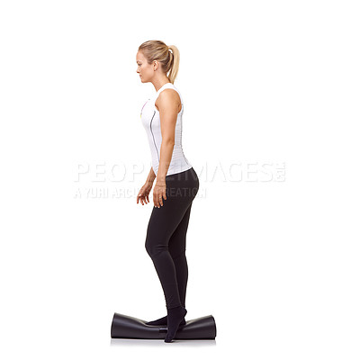 Buy stock photo Woman, exercise and mat in studio for balance, pilates or workout for healthy body, wellness or fitness. Person, face and yoga in sportswear for physical activity on mock up space or white background