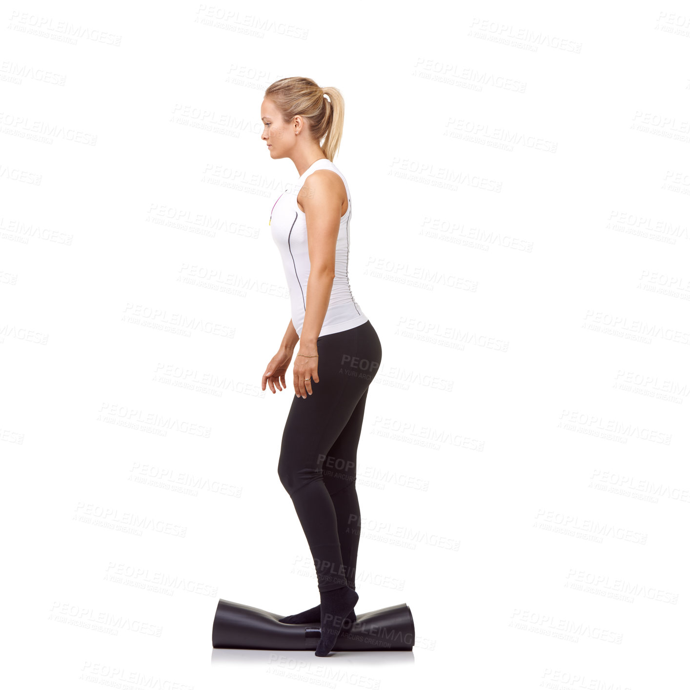 Buy stock photo Woman, exercise and mat in studio for balance, pilates or workout for healthy body, wellness or fitness. Person, face and yoga in sportswear for physical activity on mock up space or white background