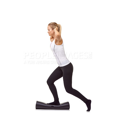 Buy stock photo Woman, exercise and mat in studio for workout, pilates or fitness for healthy body, wellness or balance. Person, face and yoga in sportswear for physical activity on mock up space or white background