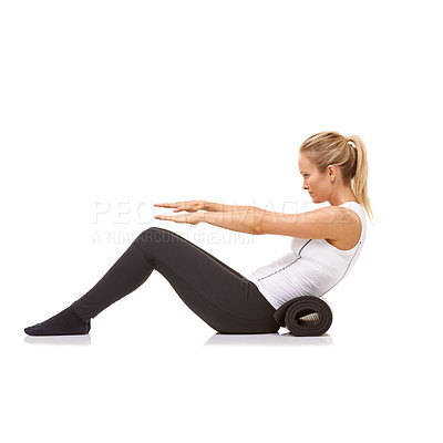 Buy stock photo Woman, sit up and exercise with mat in studio profile, stretching and stomach for fitness by white background. Girl, strong abdomen and workout for health, thinking or muscle in mockup space on floor