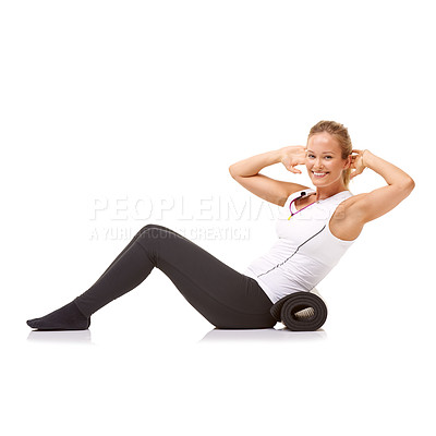 Buy stock photo Woman, fitness and mat in studio for sit ups, pilates or workout for healthy body, wellness and core muscle. Person, portrait and yoga or smile for abdomen health on mockup space and white background