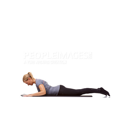 Buy stock photo Woman, exercise and mat in studio for cobra, pilates or workout for healthy body, wellness and core muscle. Person, fitness and yoga on floor for abdomen health on mockup space and white background