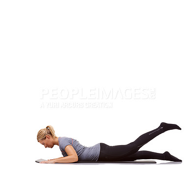 Buy stock photo Woman, fitness and mat in studio for cobra, pilates or workout for healthy body, wellness and core muscle. Person, exercise and yoga on floor for abdomen health on mockup space and white background