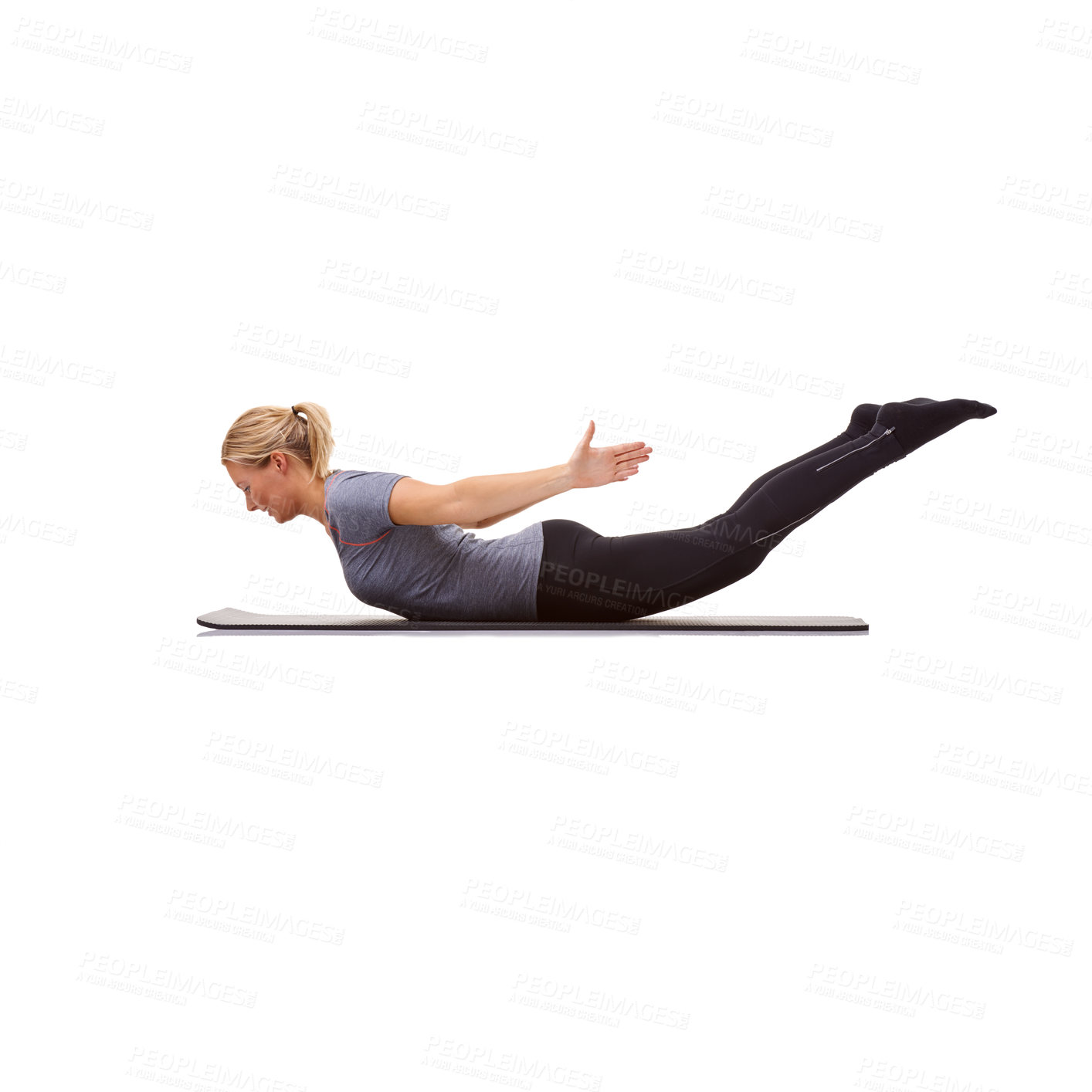 Buy stock photo Woman, back extension and fitness in studio for exercise, workout or stretching body on mockup white background. Yoga, profile and healthy lady balance on mat for strong core, training or locust pose