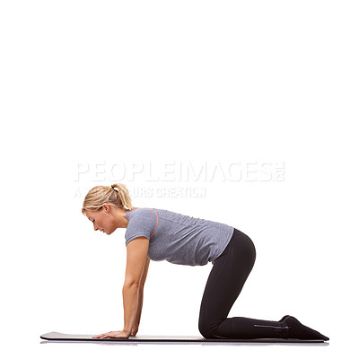 Buy stock photo Woman, fitness or mat in studio for cow stretch, pilates or workout for healthy body, wellness or core muscle. Person, exercise or yoga on floor for abdomen health on mockup space or white background