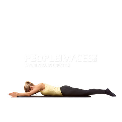 Buy stock photo Woman, pilates and mat in studio for stretching, yoga or workout for healthy body, wellness or core muscle. Person, exercise or fitness on floor for abdomen health on mockup space or white background