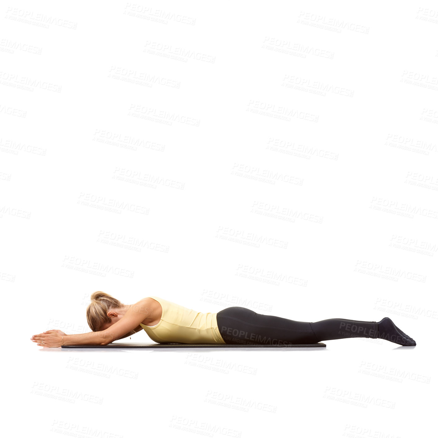 Buy stock photo Woman, pilates and mat in studio for stretching, yoga or workout for healthy body, wellness or core muscle. Person, exercise or fitness on floor for abdomen health on mockup space or white background