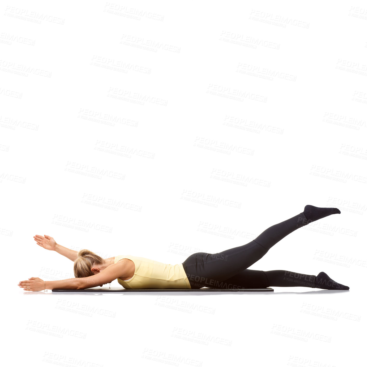 Buy stock photo Woman, yoga and mat in studio for stretching, fitness or workout for healthy body, wellness or core muscle. Person, exercise or pilates on floor for abdomen health on mockup space or white background