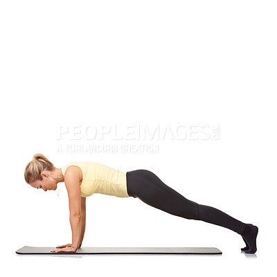 Buy stock photo Woman, plank and exercise in studio for workout, fitness and wellness on mockup white background. Profile of healthy lady balance body on mat for strong core, training and push up challenge on floor