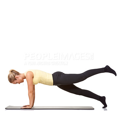 Buy stock photo Woman, plank and mat in studio for stretching, pilates or workout for healthy body, wellness or core muscle. Person, exercise or yoga on floor for abdomen health on mockup space or white background