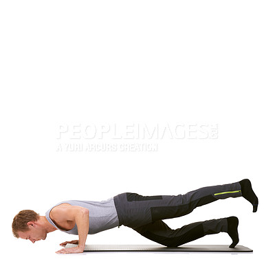 Buy stock photo Man, pilates and mat in studio for push ups, fitness or workout for healthy body, wellness or core muscle. Person, exercise or yoga on floor for abdomen health on mockup space or white background