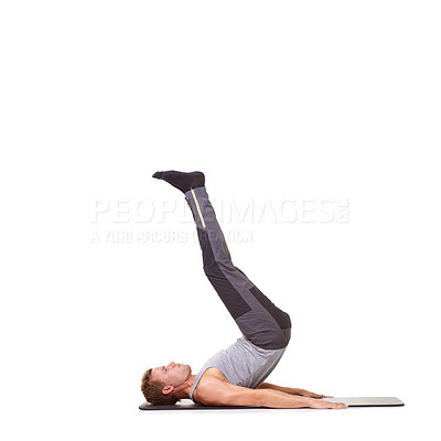 Buy stock photo Man, workout or mat in studio for stretching legs, fitness or exercise for healthy body, wellness or core muscle. Person, balance or training on floor or abdomen on mockup space or white background