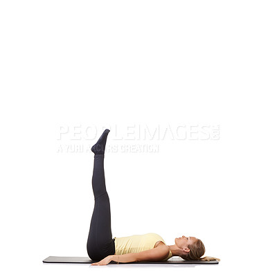 Buy stock photo Woman, pilates and mat in studio for stretching legs, fitness or workout for healthy body, wellness or core muscle. Person, exercise and yoga on floor for abdomen on mockup space and white background