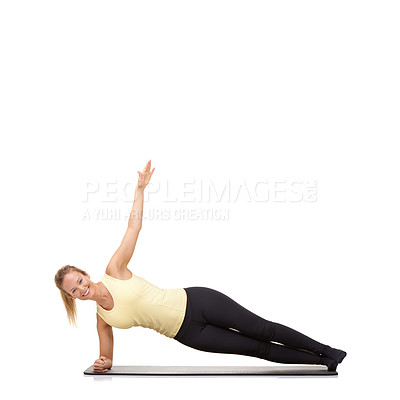 Buy stock photo Woman, yoga and mat in studio for stretching, fitness or workout for healthy body, smile and core muscle. Person, portrait and pilates on floor for abdomen health on mockup space or white background