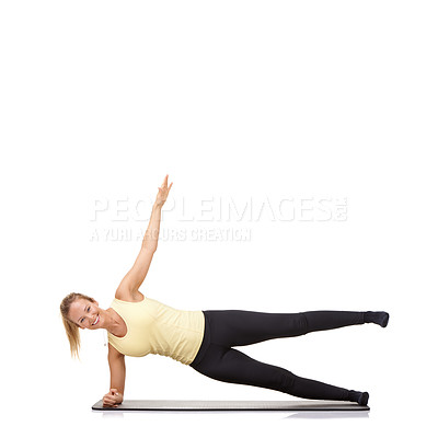 Buy stock photo Yoga, health and portrait of woman in studio for stretching, exercise and wellness. Workout, fitness and self care with female person on floor of white background for pilates, body and mockup space
